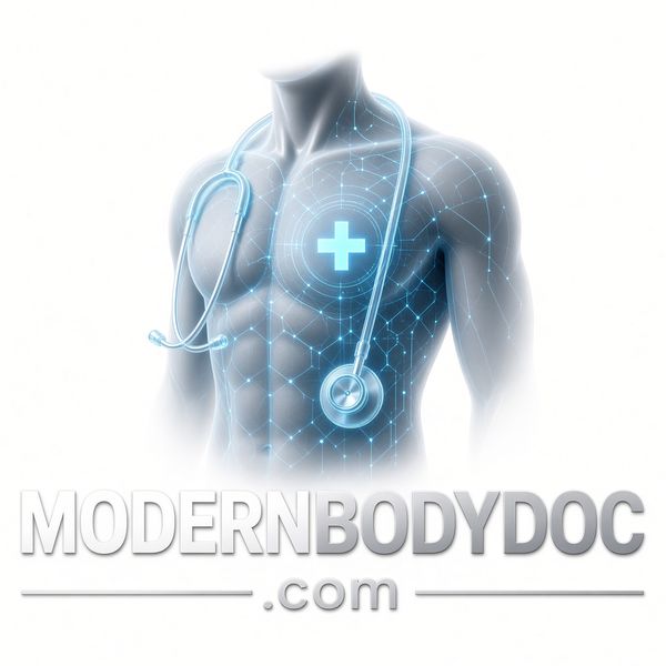 Modern Body Doc logo: an illustrated translucent torso with a stethoscope and a cross, above the wordmark ModernBodyDoc.com